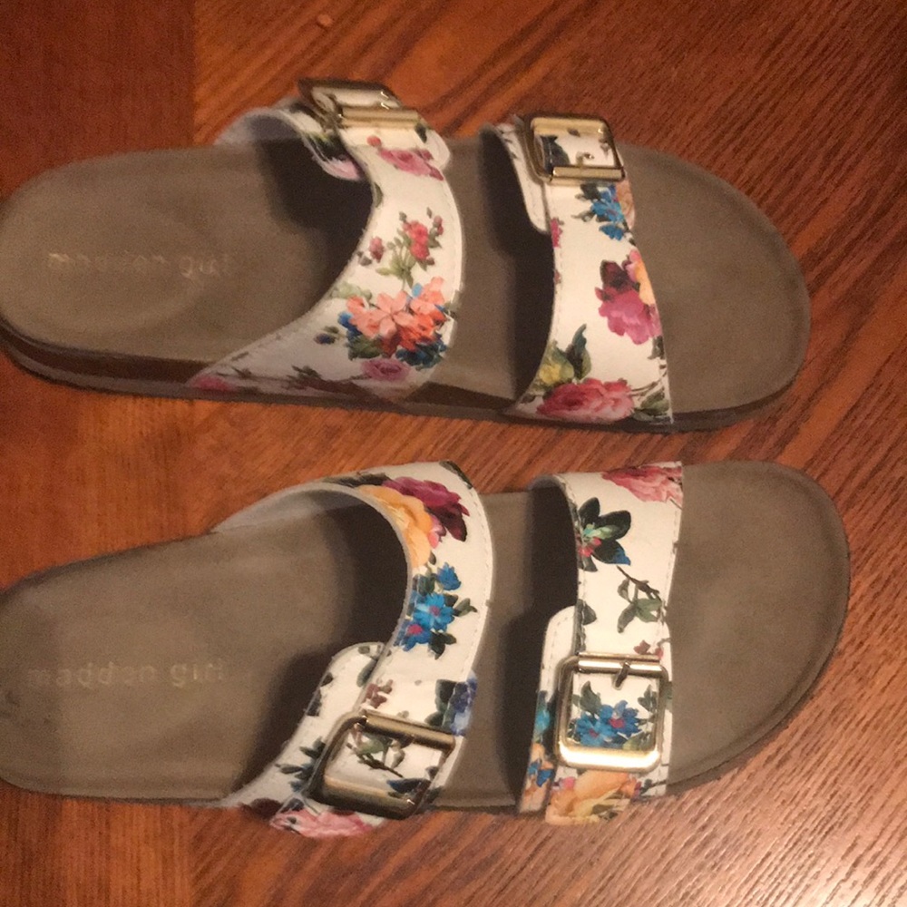 Flowered slip on sandals,pink, blue, Madden Girl